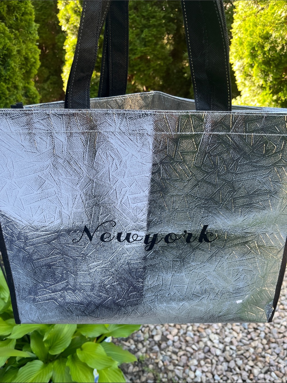 Set of 2 New York Silver Recyclable Tote Bags with Black Handles